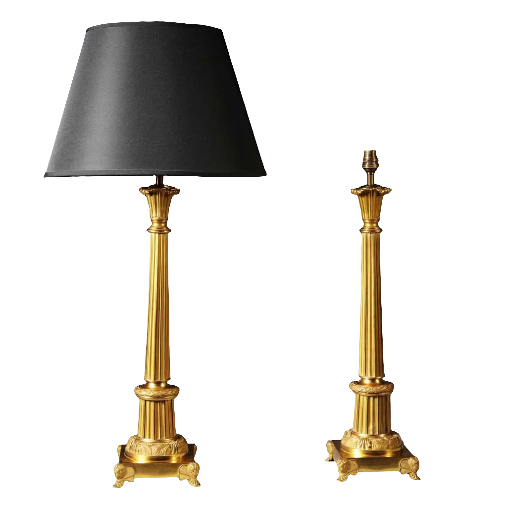 Pair Of French Gilt Bronze And Tole Antique Gold Column Table Lamps with black shade and detailed gold column bases.