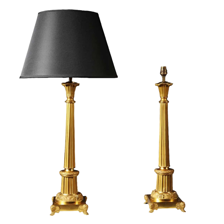 Pair Of French Gilt Bronze And Tole Antique Gold Column Table Lamps with black shade and detailed gold column bases.