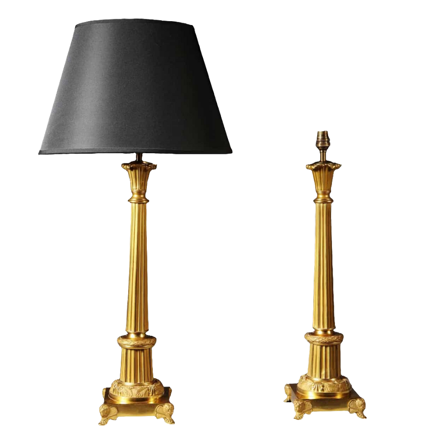 Pair Of French Gilt Bronze And Tole Antique Gold Column Table Lamps with black shade and detailed gold column bases.