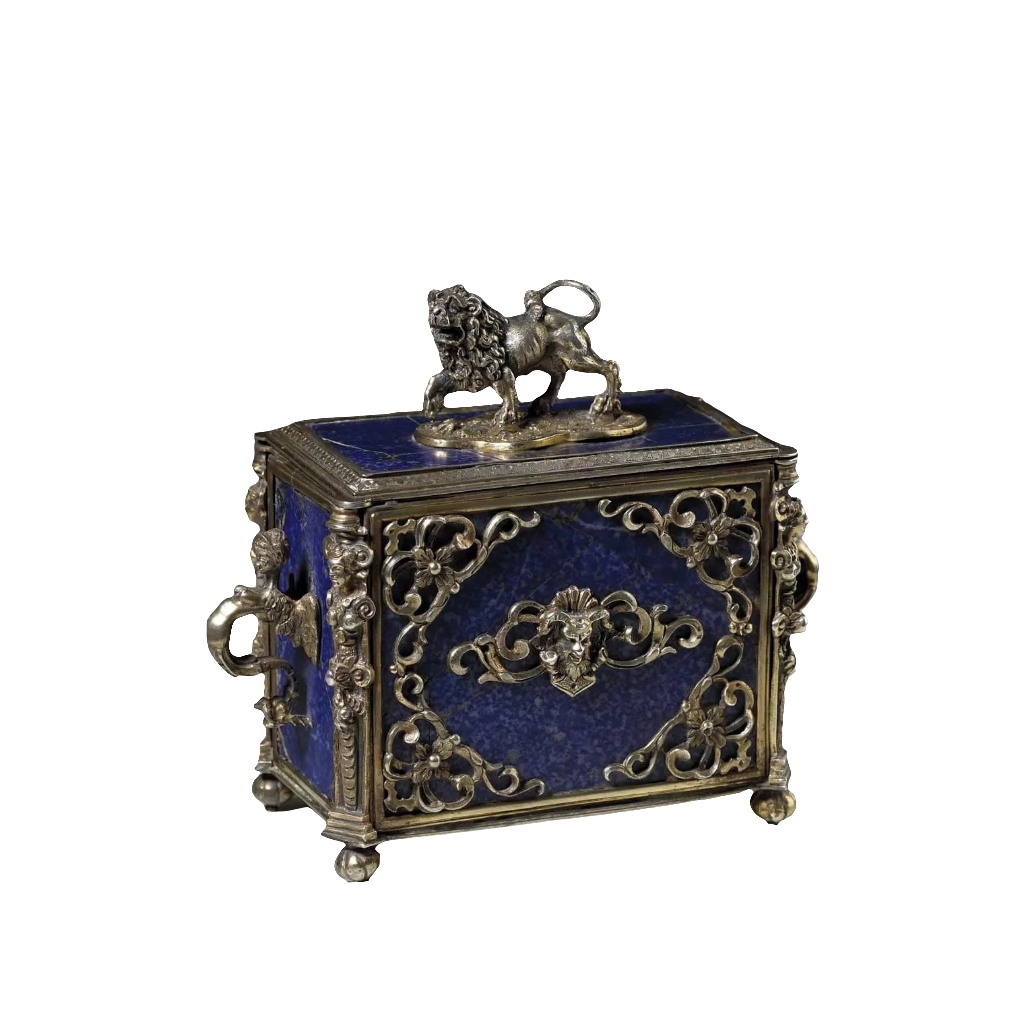 Renaissance style silver and lapis lazuli casket with lion finial by Nicholas Wells Antiques circa 1850