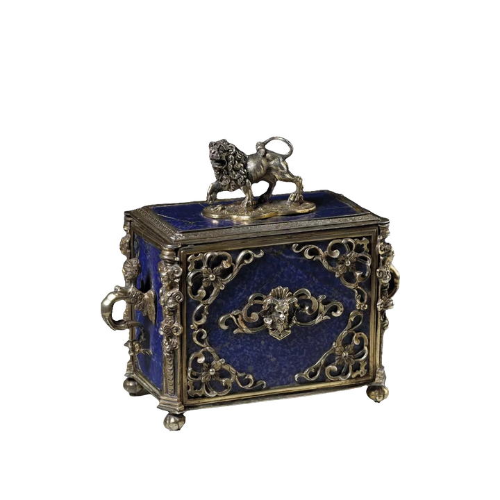 Renaissance style silver and lapis lazuli casket with lion finial by Nicholas Wells Antiques circa 1850