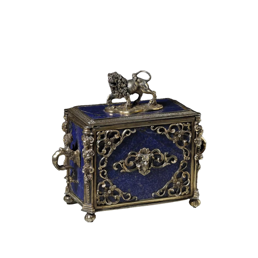 Renaissance style silver and lapis lazuli casket with lion finial by Nicholas Wells Antiques circa 1850