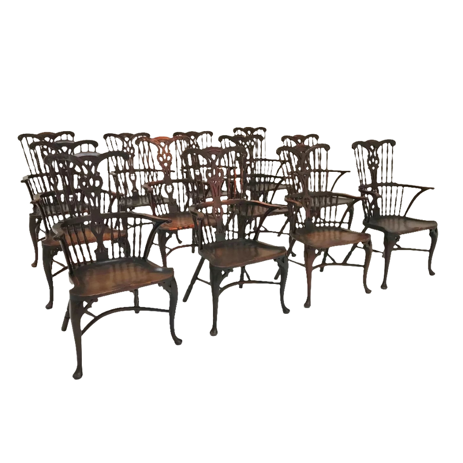 Set of 12 Georgian comb-back Windsor armchairs with elm seats and cabriole legs by Nicholas Wells Antiques.