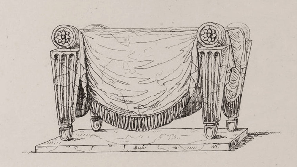 Centre Table after a Design By Charles Heathcote Tatham (1772-1842) detailed architectural drawing of ornate stool design.