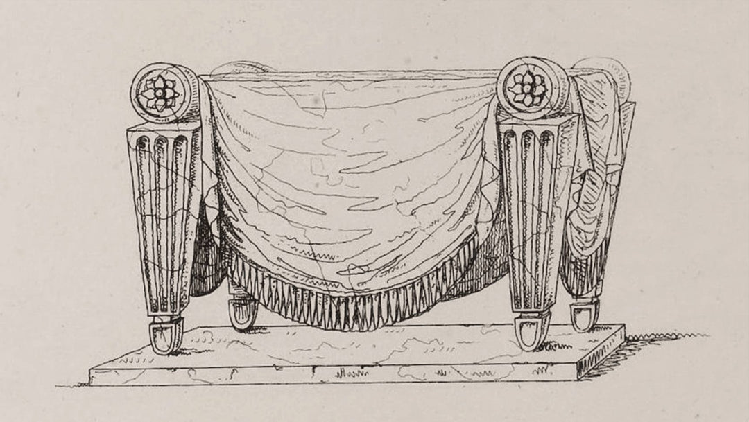 Centre Table after a Design By Charles Heathcote Tatham (1772-1842) detailed architectural drawing of ornate stool design.