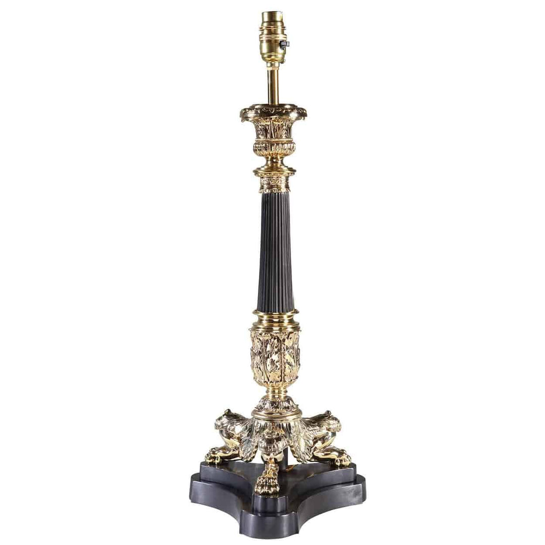 DARK BRONZE TRIPOD COLUMN TABLE LAMP BY THE NEO CLASSICAL LAMP CO. AJ3 Black with intricate gold detailing on black base