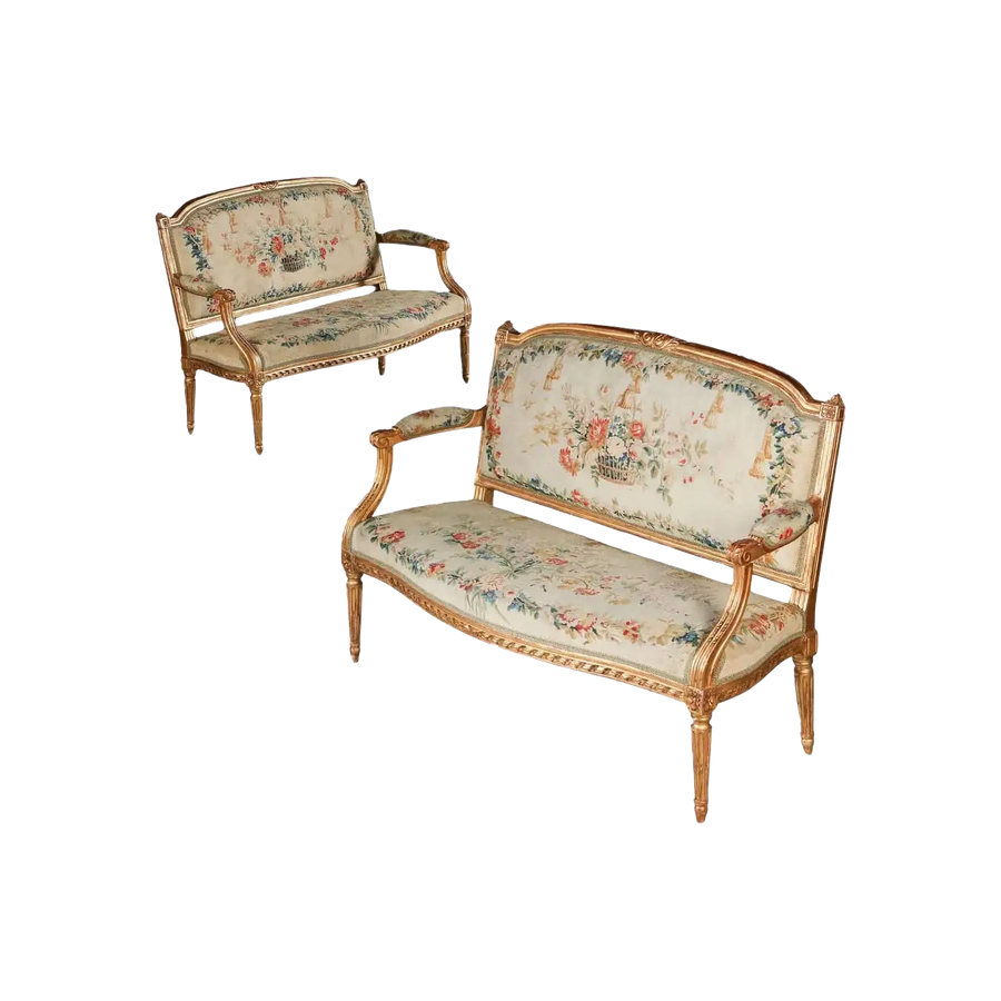 Pair of Neo Classical Louis XVI canapés with giltwood frame and floral petit point upholstery from Collection CK20