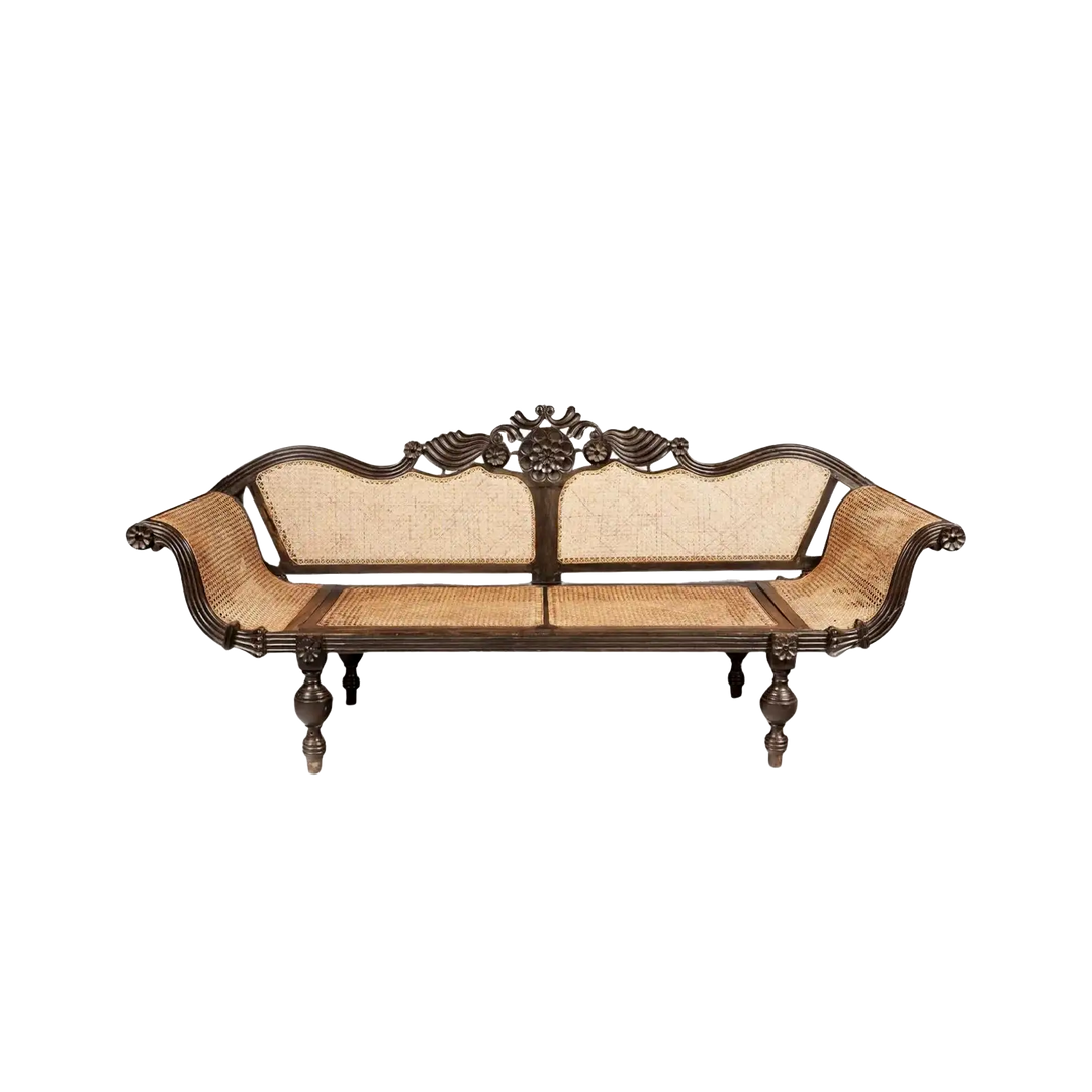 British colonial carved ebony sofa with caned seat and back, floral crest carving, Collection EE20 vintage design