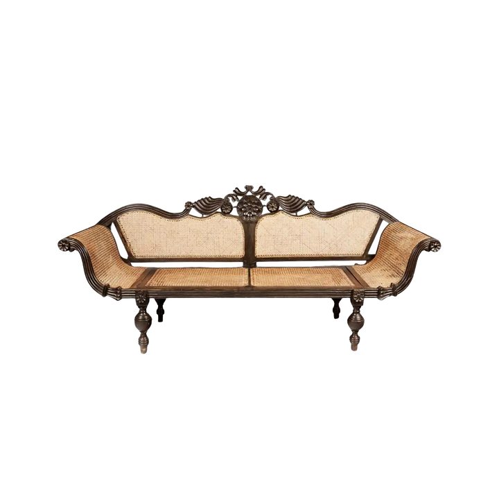 British colonial carved ebony sofa with caned seat and back, floral crest carving, Collection EE20 vintage design
