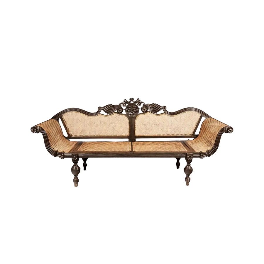 British colonial carved ebony sofa with caned seat and back, floral crest carving, Collection EE20 vintage design