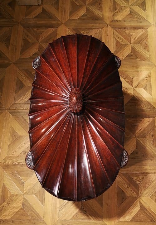 George III Cellarette Attributed To Gillows with fluted mahogany oval lid on parquet flooring viewed from above