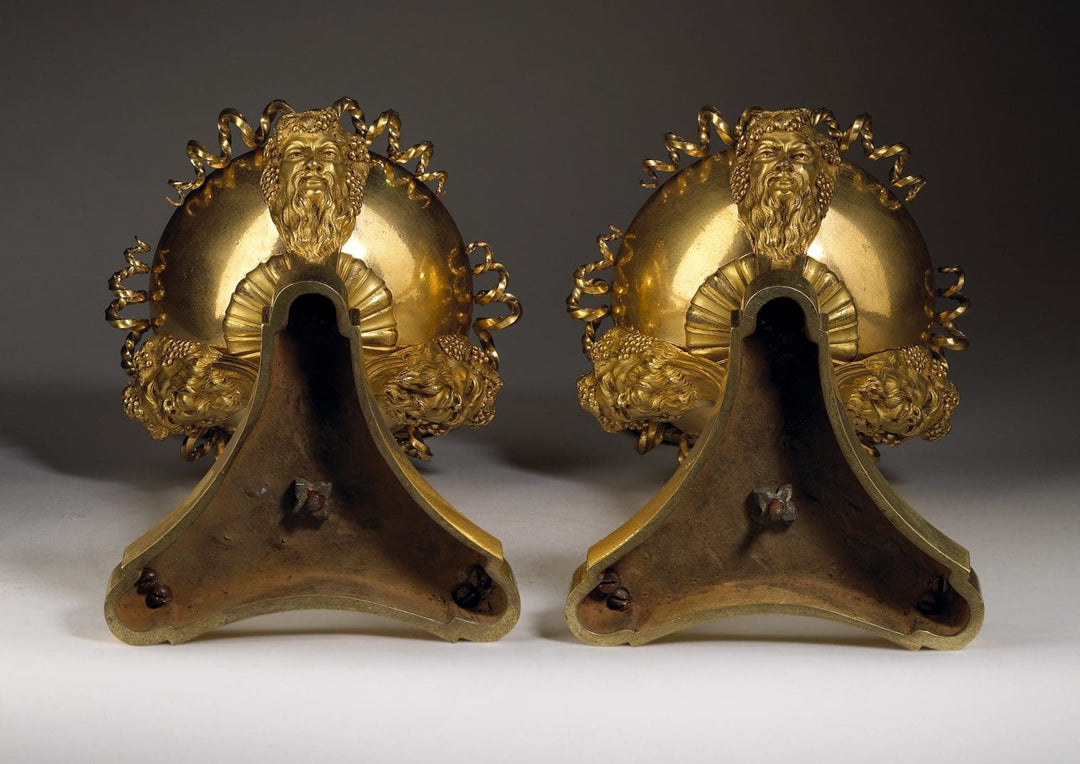 Pair of Louis XVI gilt bronze cassolettes with bacchanalian masks and rams feet by Nicholas Wells Antiques