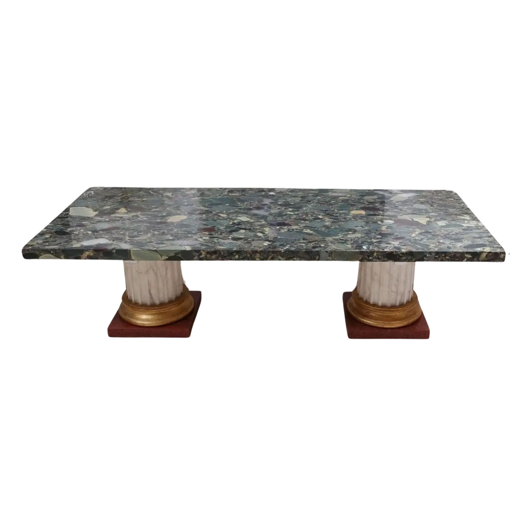 Large Breccia D’Egypt Green Marble Coffee Table with ornate fluted column bases and rich marble top.