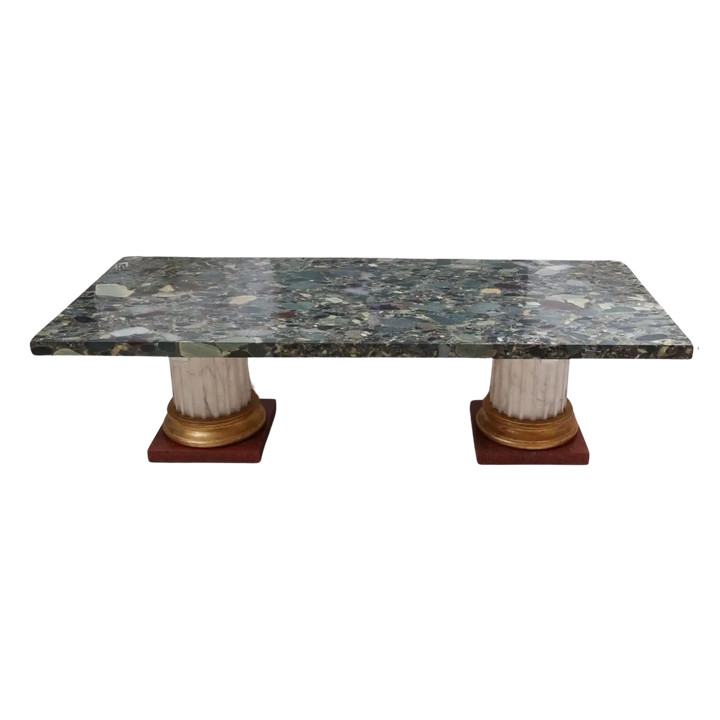 Large Breccia D’Egypt Green Marble Coffee Table with ornate fluted column bases and rich marble top.