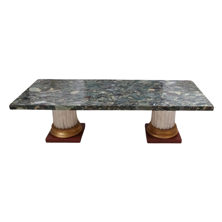 Large Breccia D’Egypt Green Marble Coffee Table with ornate fluted column bases and rich marble top.