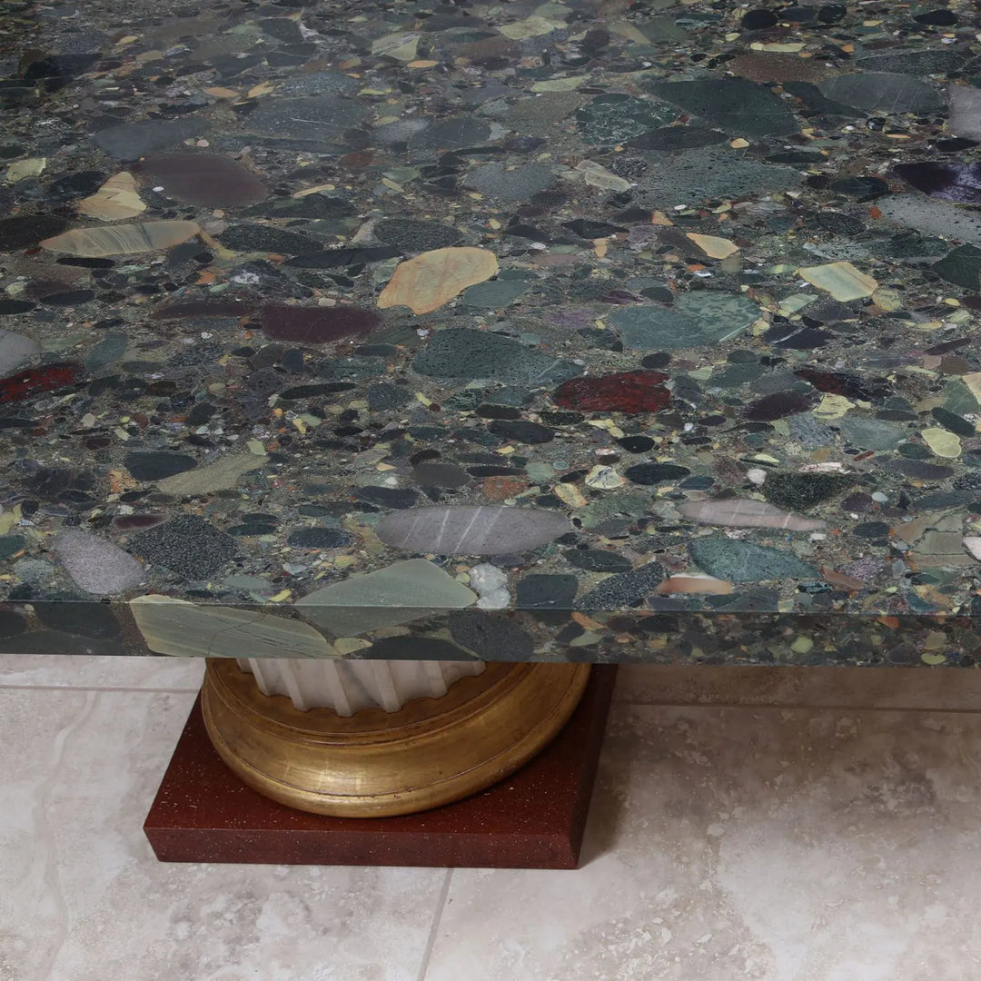 Large Breccia D’Egypt Green Marble Coffee Table with marble top and gilt fluted column bases.