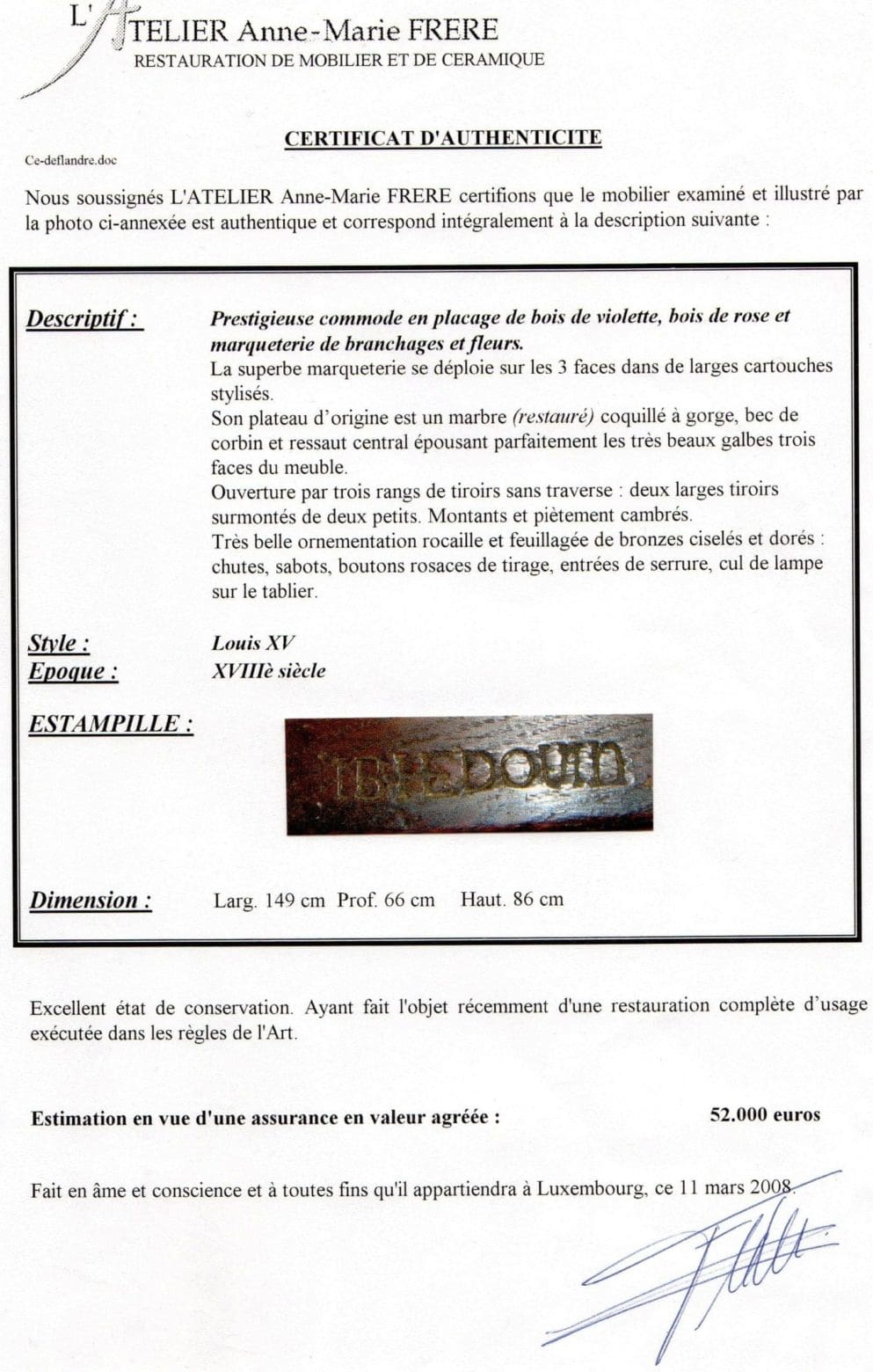 Certificate of authenticity for Louis XV commode stamped I B Hedouin by Nicholas Wells Antiques