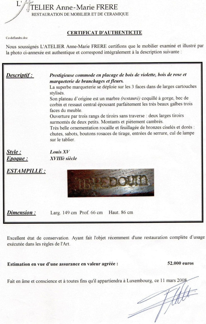 Certificate of authenticity for Louis XV commode stamped I B Hedouin by Nicholas Wells Antiques