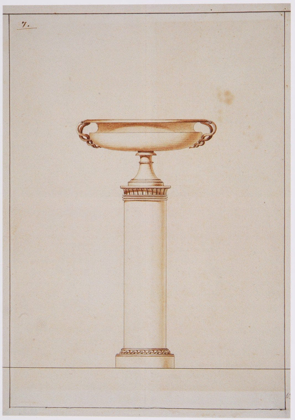 Lorenzo Bartolini Neo-Classical marble tazza with entwined snake handles on a decorative column illustration.