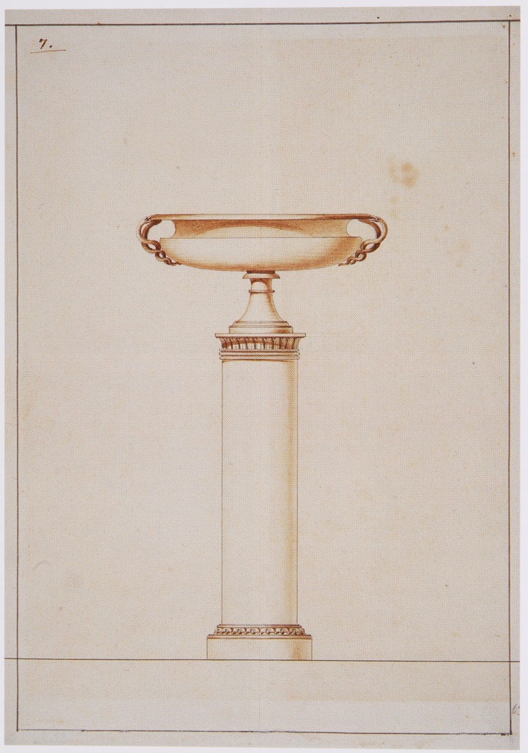 Lorenzo Bartolini Neo-Classical marble tazza with entwined snake handles on a decorative column illustration.
