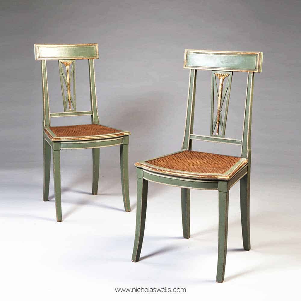 Pair of Italian green painted and gold side chairs with caned seats by Nicholas Wells Antiques circa 1900