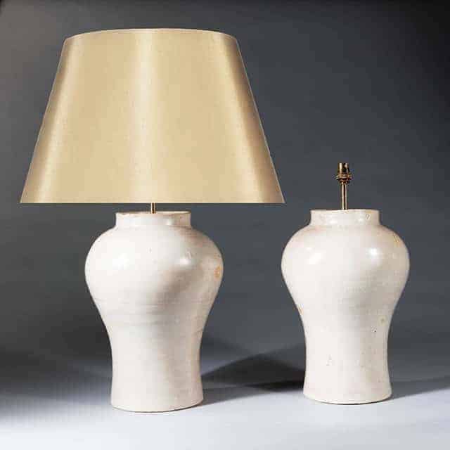 Pair Pink Glazed Pottery Baluster Antique Table Lamps