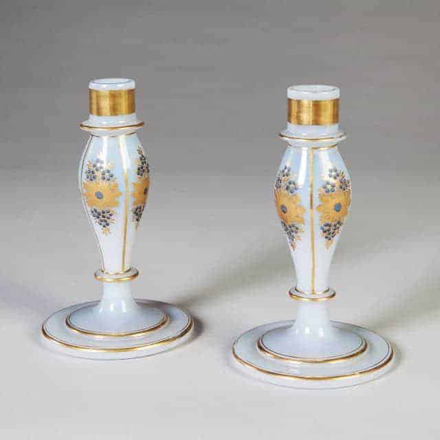 Pair Of White Opaline And Gilt Glass Charles X Candlesticks
