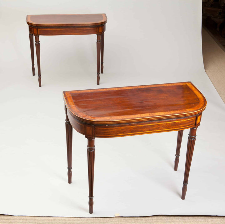 Pair Of George III Hepplewhite Mahogany Card Tables Attributed To Gillows with satinwood banding and fluted legs.