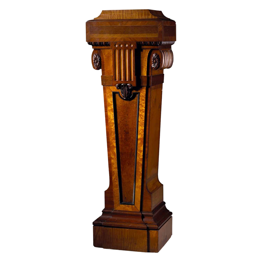 Burr Amboyna and Satinwood Pedestal by Wright & Mansfield, English antique wooden display stand circa 1870.