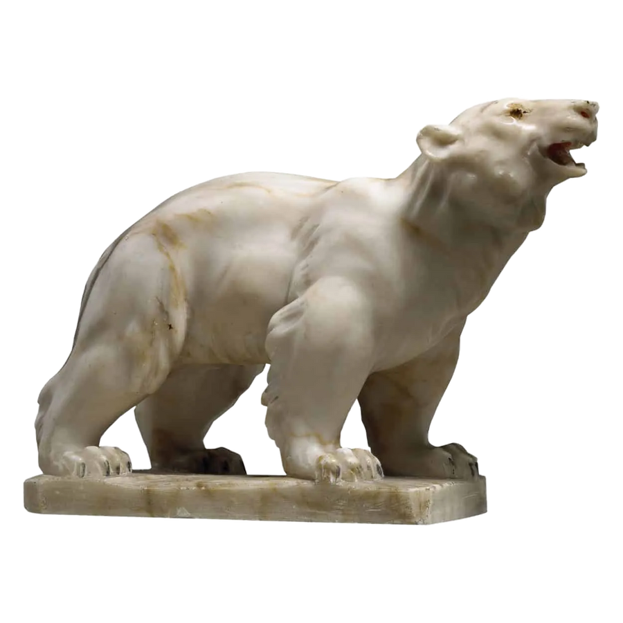 Early 20th Century Alabaster Polar Bear sculpture, French, circa 1925, detailed white alabaster figure on base.