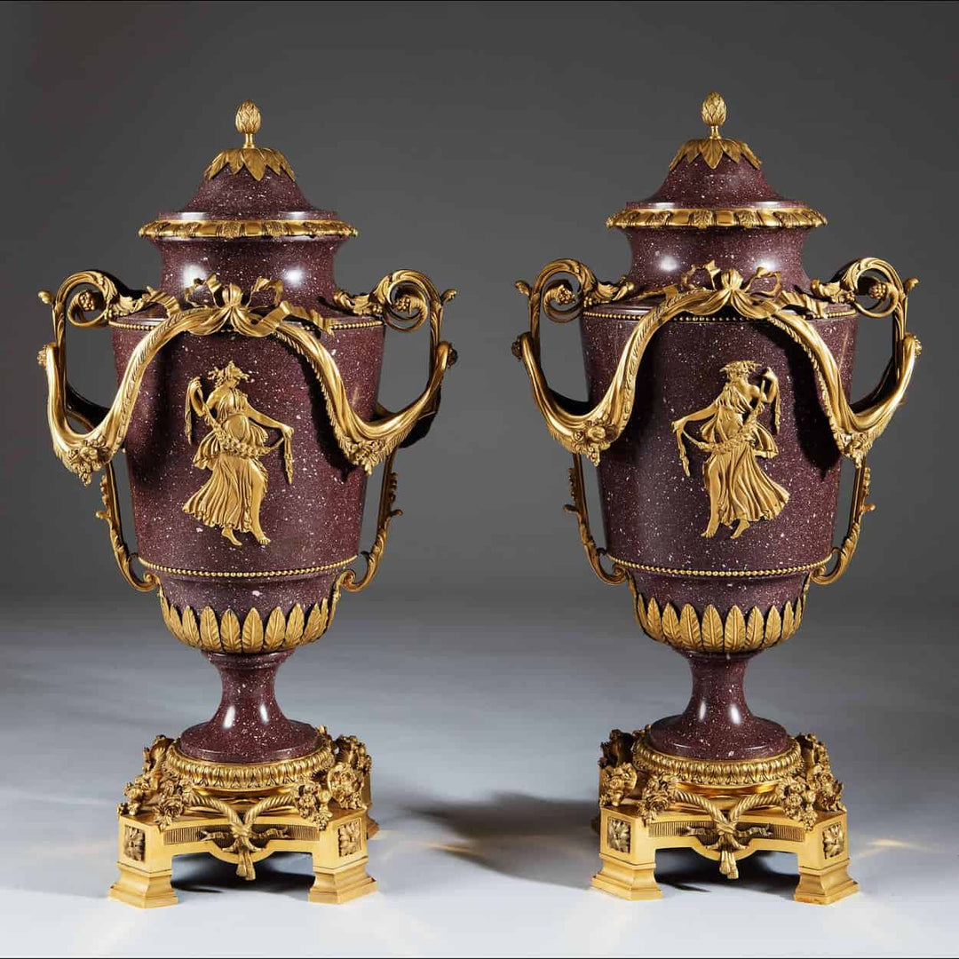 Pair Of 34 Inch Egyptian Porphyry Gilt Bronze Mounted 19th Century Urns