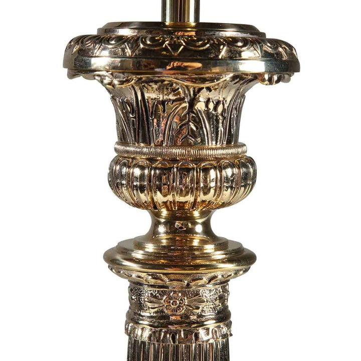 A Polished Brass Column Tripod Table Lamp AJ3 with detailed ornate design from England, circa 1980.