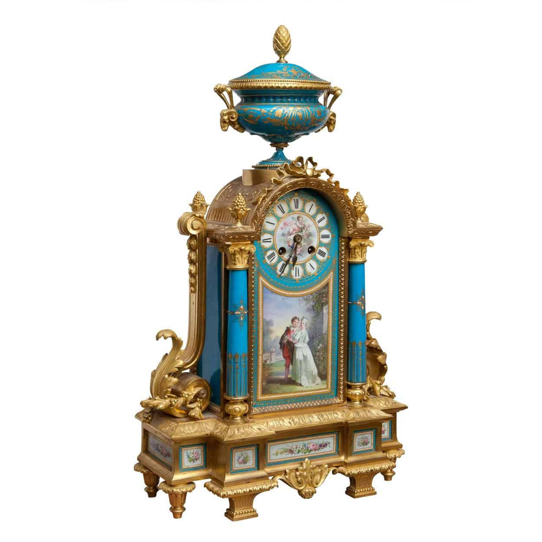 Napoleon III Sevres and ormolu clock with courting couple scene by Nicholas Wells Antiques circa 1870