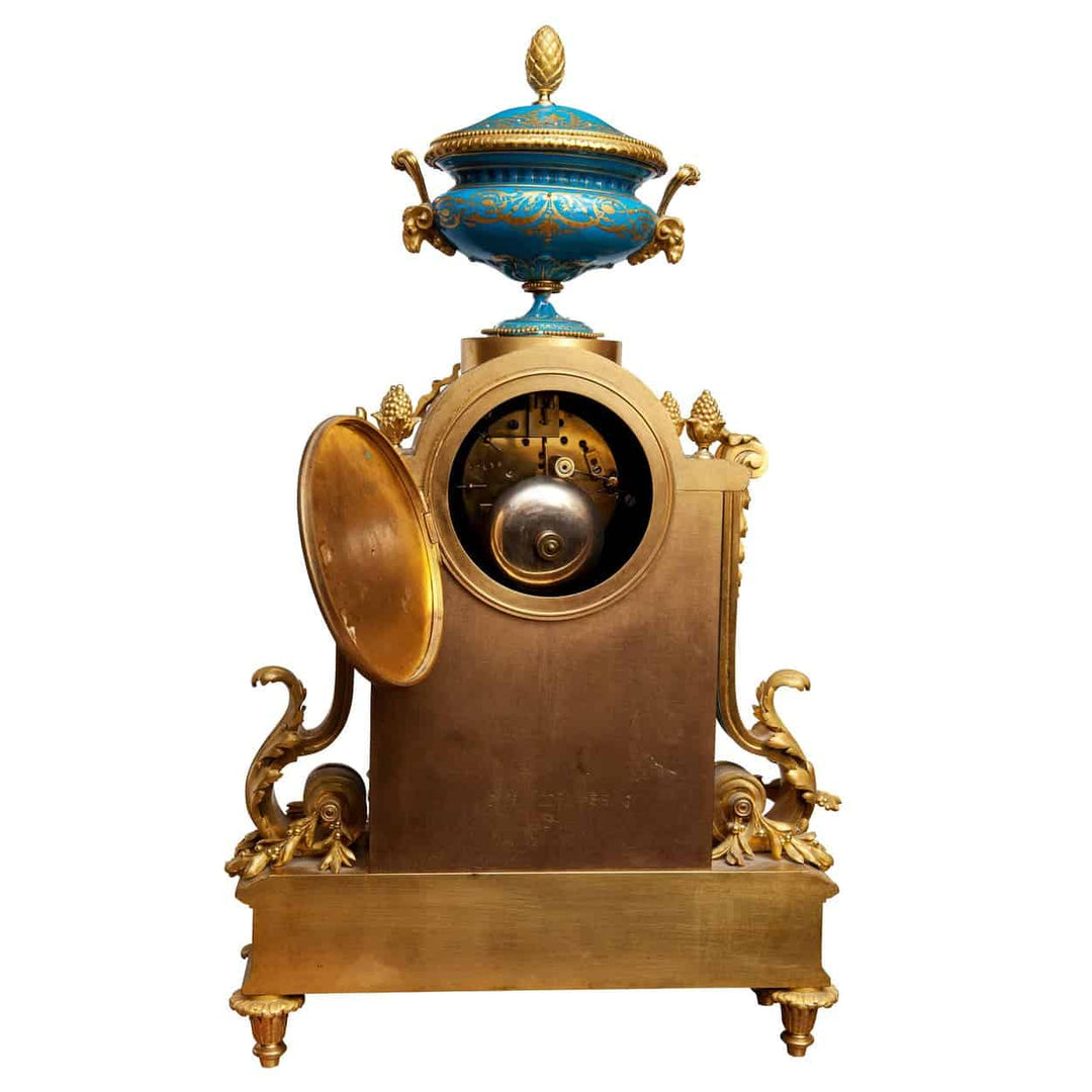 Late 19th-century Napoleon III Sevres and ormolu clock with krater vase, Nicholas Wells Antiques.