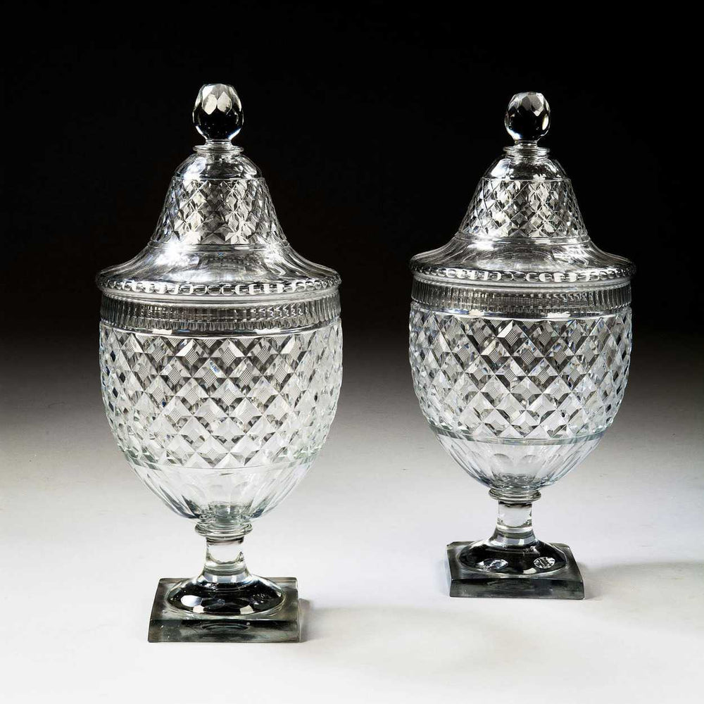 Pair of 18 inch Voneche cut glass fruit coolers with diamond patterns from Collection TH20 displayed on black background