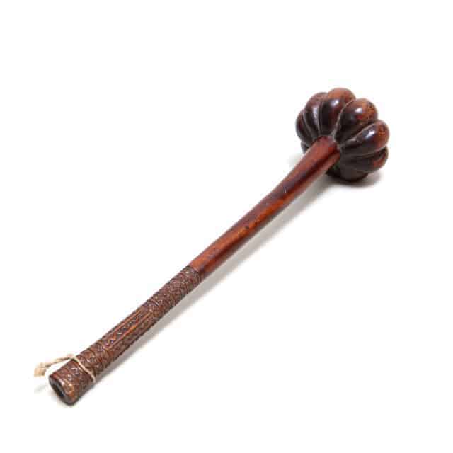 Lobed Tribal Fijian Ula Throwing Club with intricately carved handle and nine-lobed head, traditional Oceania weapon.
