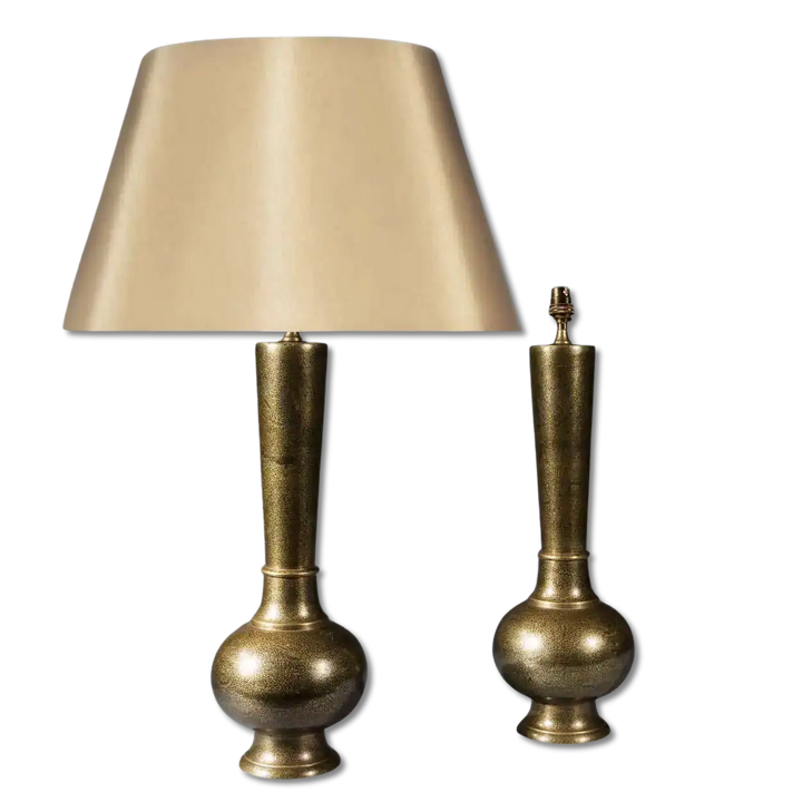 Pair Of Mogal Style Damascened Brass Table Lamps with gold finish, one with beige shade, circa 1900 India.