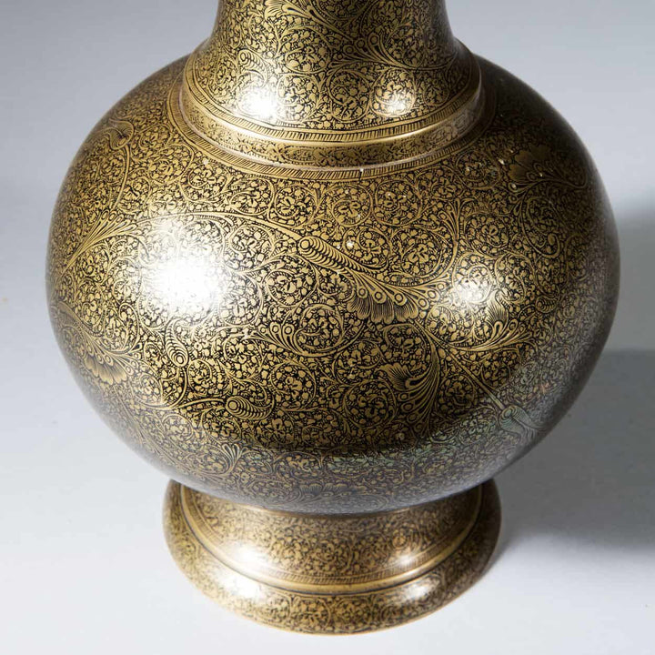 Pair Of Mogal Style Damascened Brass Table Lamps with intricate floral and vine patterns, antique Indian design circa 1900.