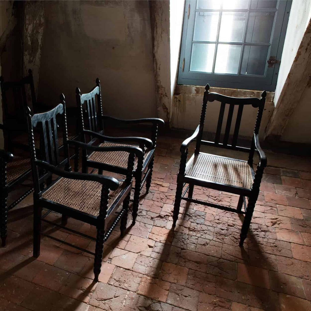 Three Pairs Of Bobbin Turned Anglo Indian Ebonised Armchairs