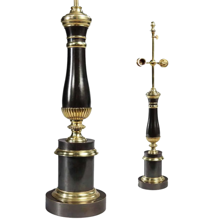 Vintage Column Table Lamps – Gunmetal & Brass – Maison Charles elegant pair with stepped circular plinths circa 1970