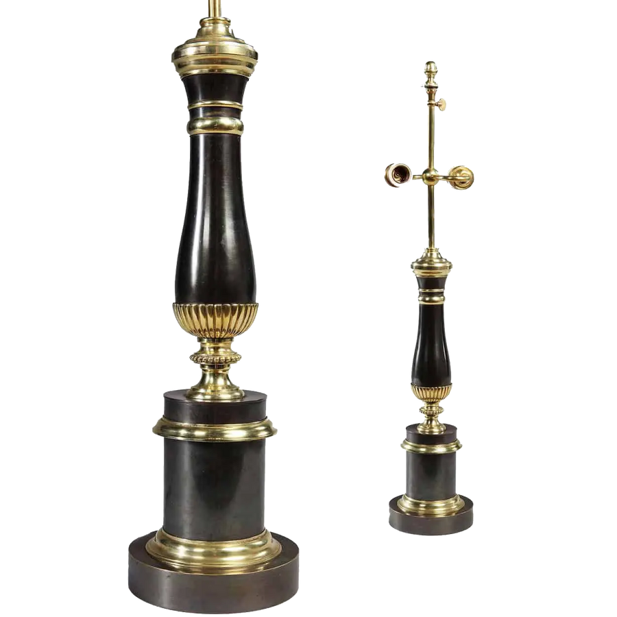 Vintage Column Table Lamps – Gunmetal & Brass – Maison Charles elegant pair with stepped circular plinths circa 1970