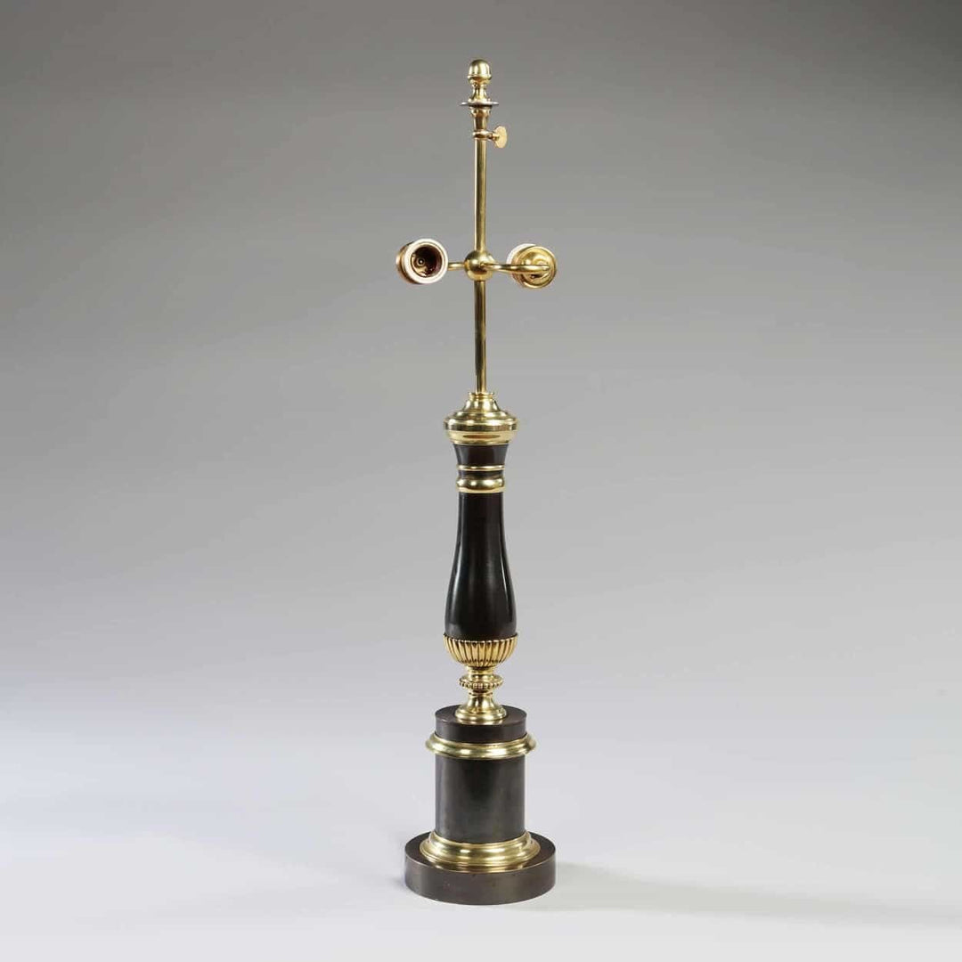 Vintage Column Table Lamps – Gunmetal & Brass – Maison Charles elegant tall lamp with stepped circular base