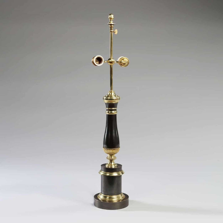 Vintage Column Table Lamps – Gunmetal & Brass – Maison Charles elegant tall lamp with stepped circular base