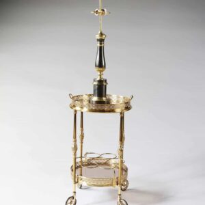 Vintage Column Table Lamps – Gunmetal & Brass – Maison Charles, elegant 1970s design on stepped circular plinths.