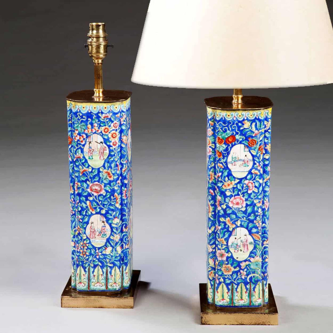 A Rare Pair Of Chinese Export Canton Enamel Vases As Lamps
