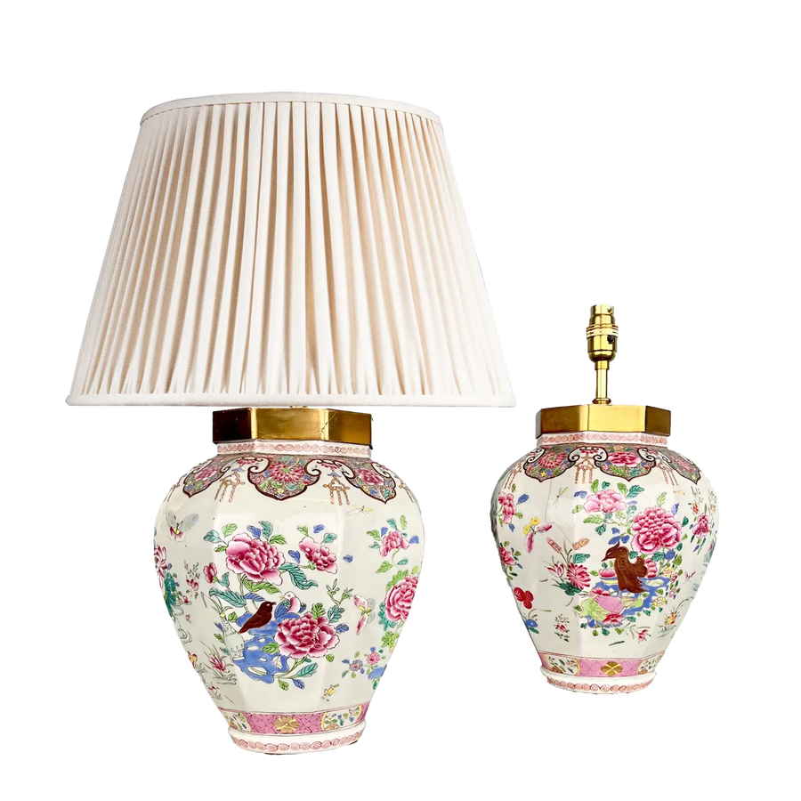 Pair of Samson Porcelain Jars Mounted as Table Lamps with famille rose birds, insects, and peonies decoration