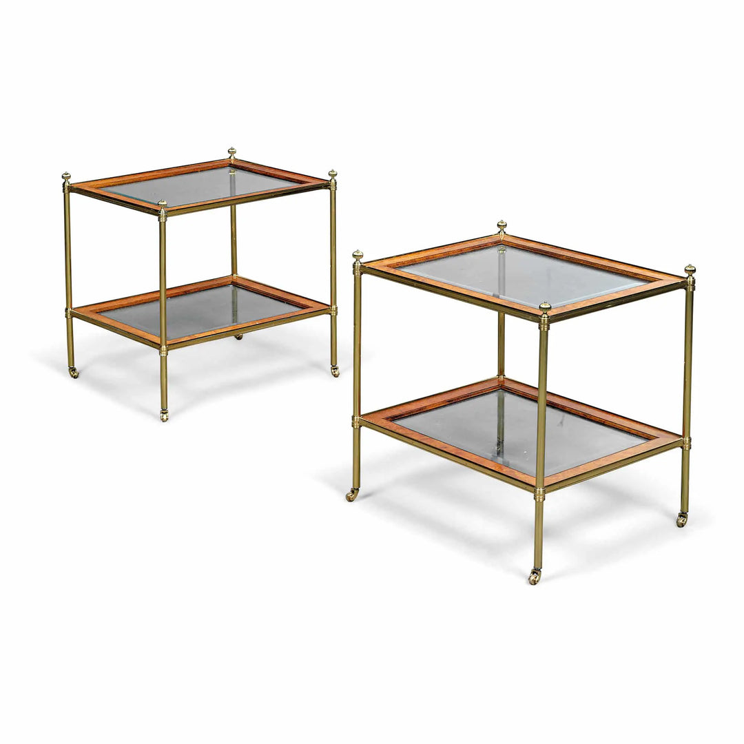 Pair of Mallett two tier tables with Burr Walnut Surrounds