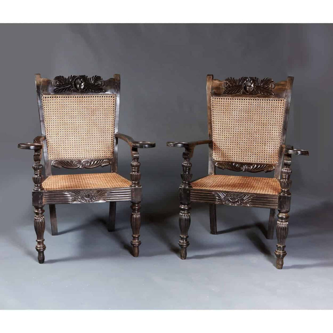 Pair of Large Scale Ceylonese Solid Ebony Armchairs