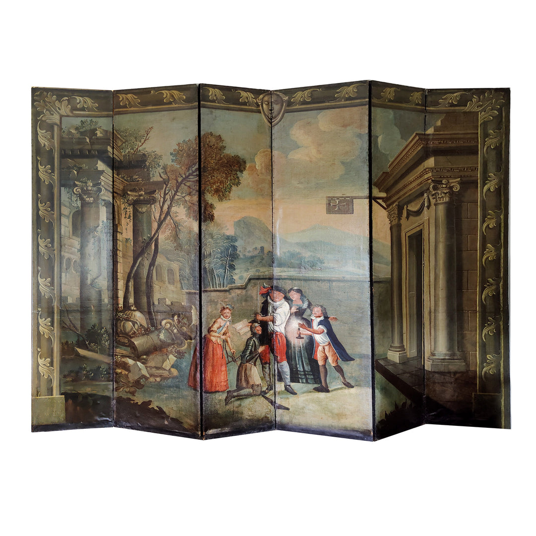 17th Century Baroque Leather Painted 6 Fold Screen
