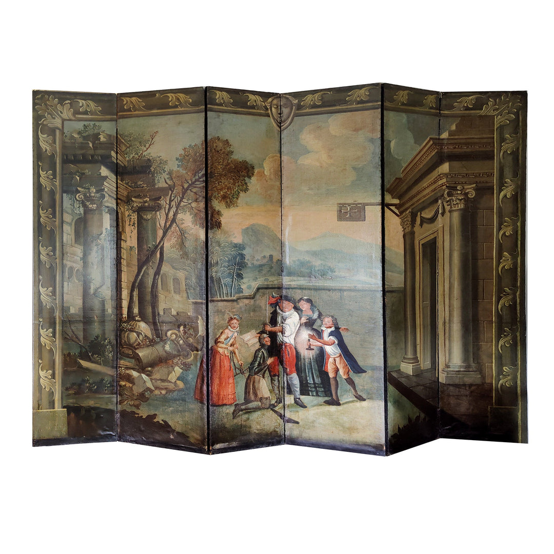 17th Century Baroque Leather Painted 6 Fold Screen